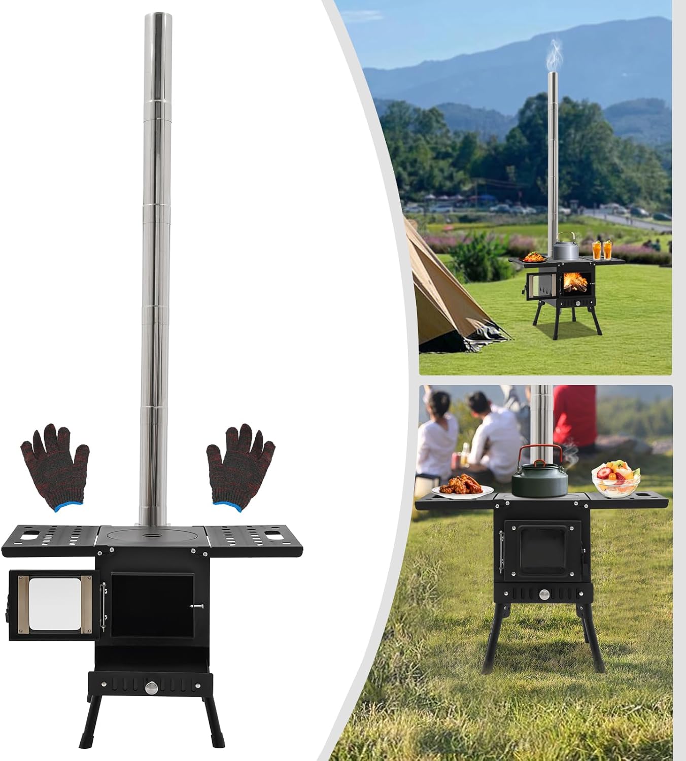 Camping Holzofen, Faltbarer Zelt Holz Brennofen, Tragbarer Heißer Zeltofen mit Rohr und Handschuhen, Zeltheizung Campingofen für Outdoor Heizung & Kochen, Eisfischen, Schwarz