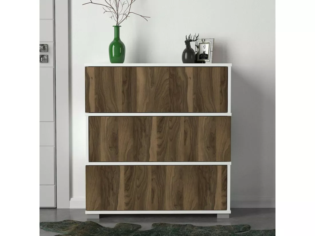 Meuble à chaussures Baten, Meuble à chaussures, Armoire d'entrée polyvalente, Rangement pour chaussures, 90x30h93 cm, Blanc et Noyer