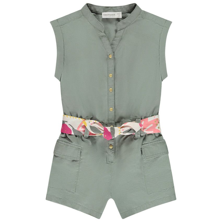 Salopette courte à col mao et poches plaquées avec ceinture fantaisie pour fille - Gris chiné