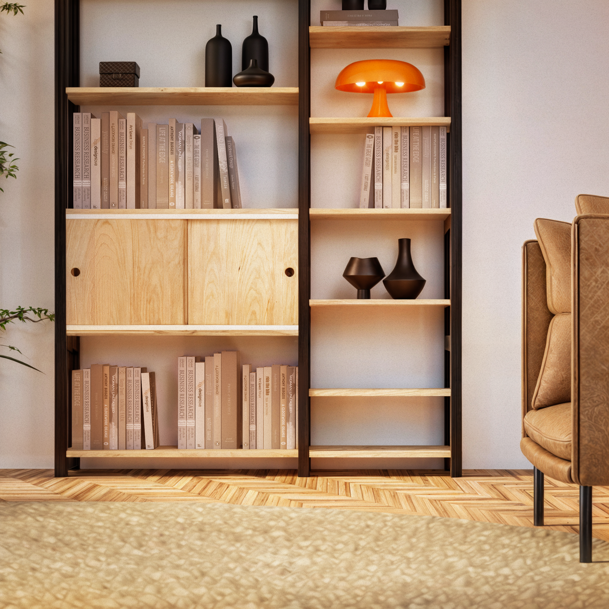 Moderne boekenkast met schuifdeurtjes
