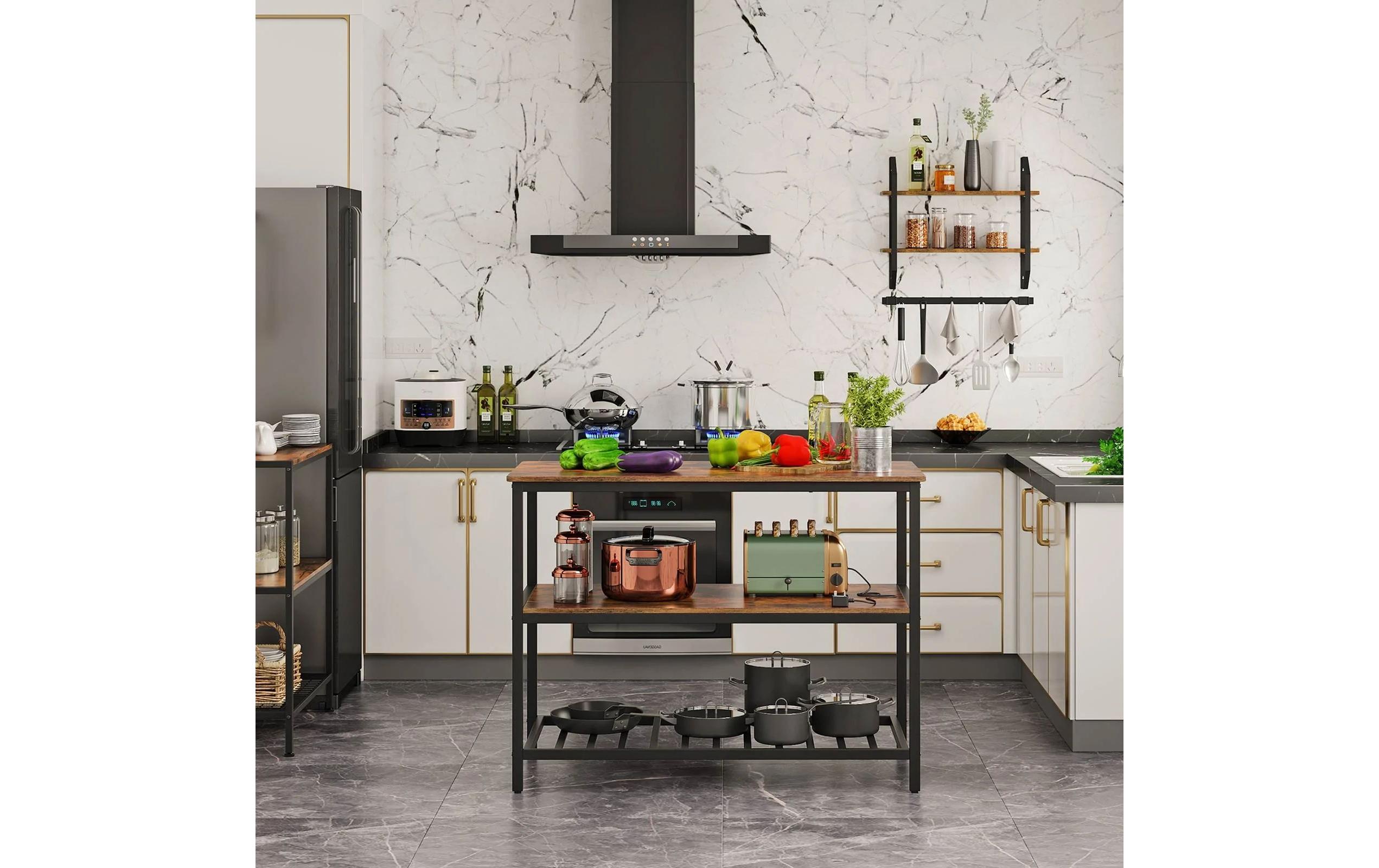 Küchenregal mit 3 Ablagen 120 x 90 cm, Braun/Schwarz<br>Kücheninsel aus Holz