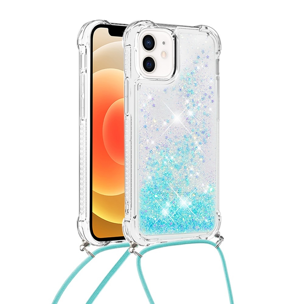iPhone 12 / iPhone 12 Pro Necklace Gummi Hülle Liquid Glitzer   Handykette (130cm) - Türkis
