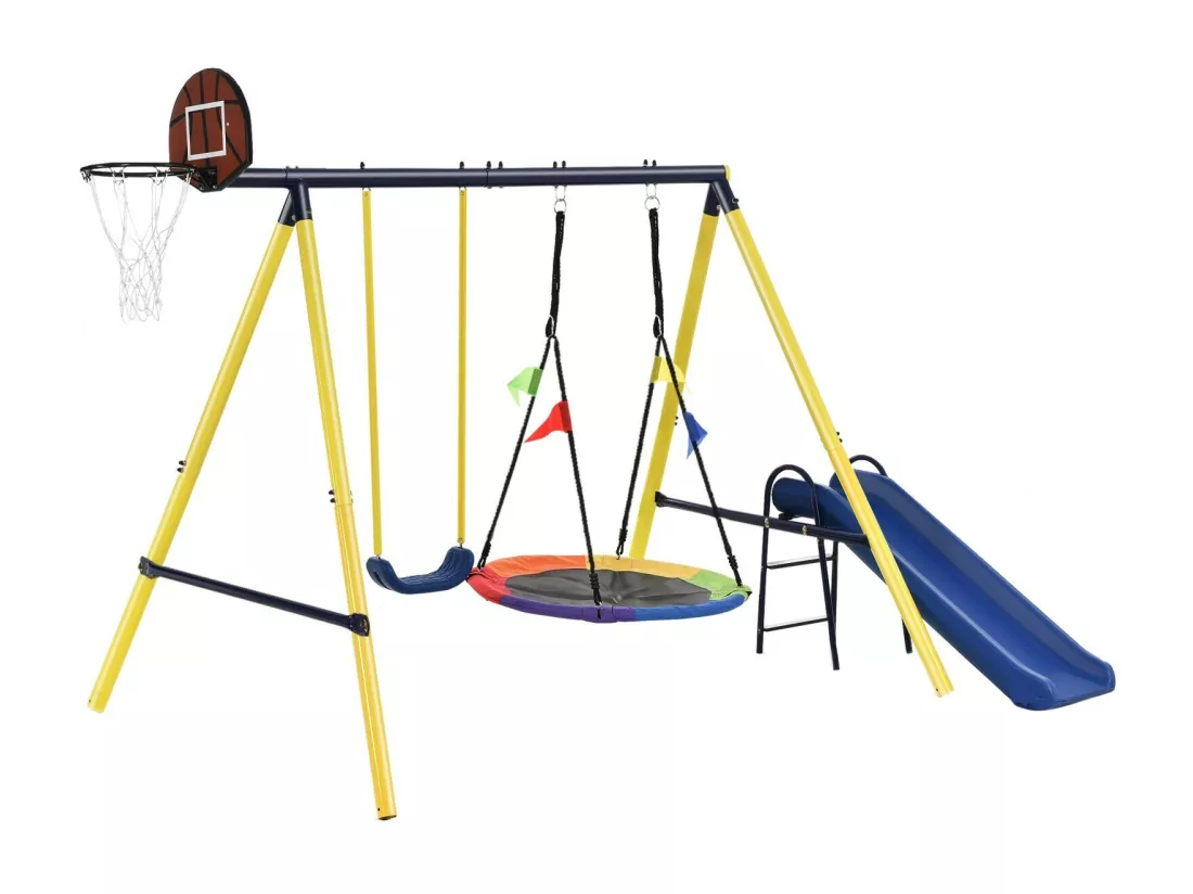 Jeux plein air 4 en 1, avec 2 balançoire, basket-ball, panier de basket-ball et toboggan, 3 à 8 ans, 311x183x213cm