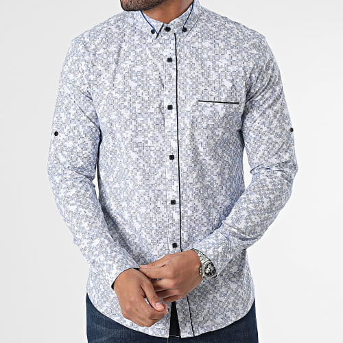 Chemise Manches Longues Blanc Bleu Roi Noir