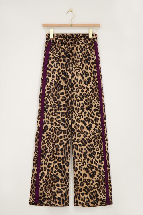 Panterprint satijnen wide leg broek met paarse tape