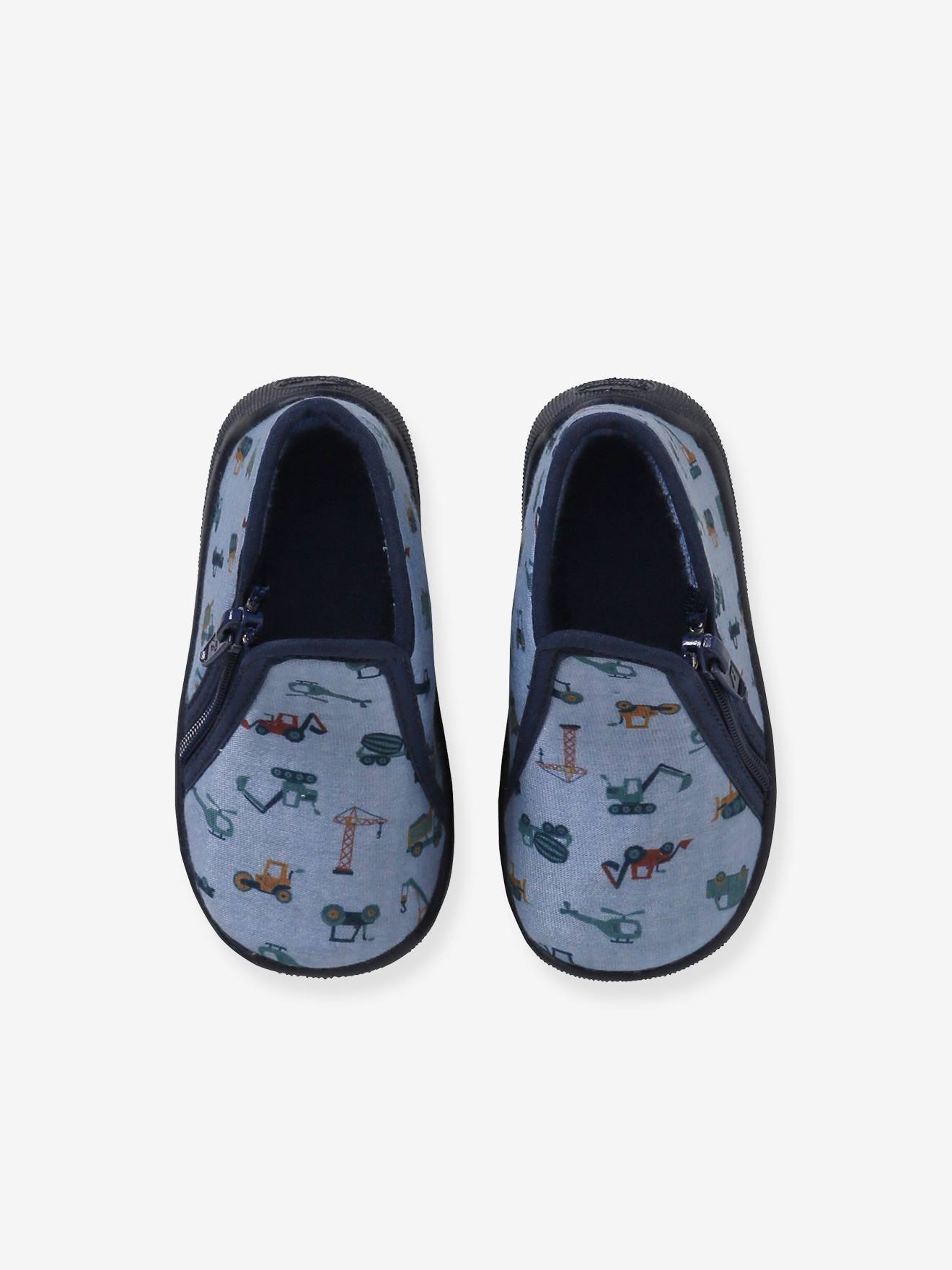 Pantufas de casa com zíper para bebês, fabricadas na França, estampa cinza.