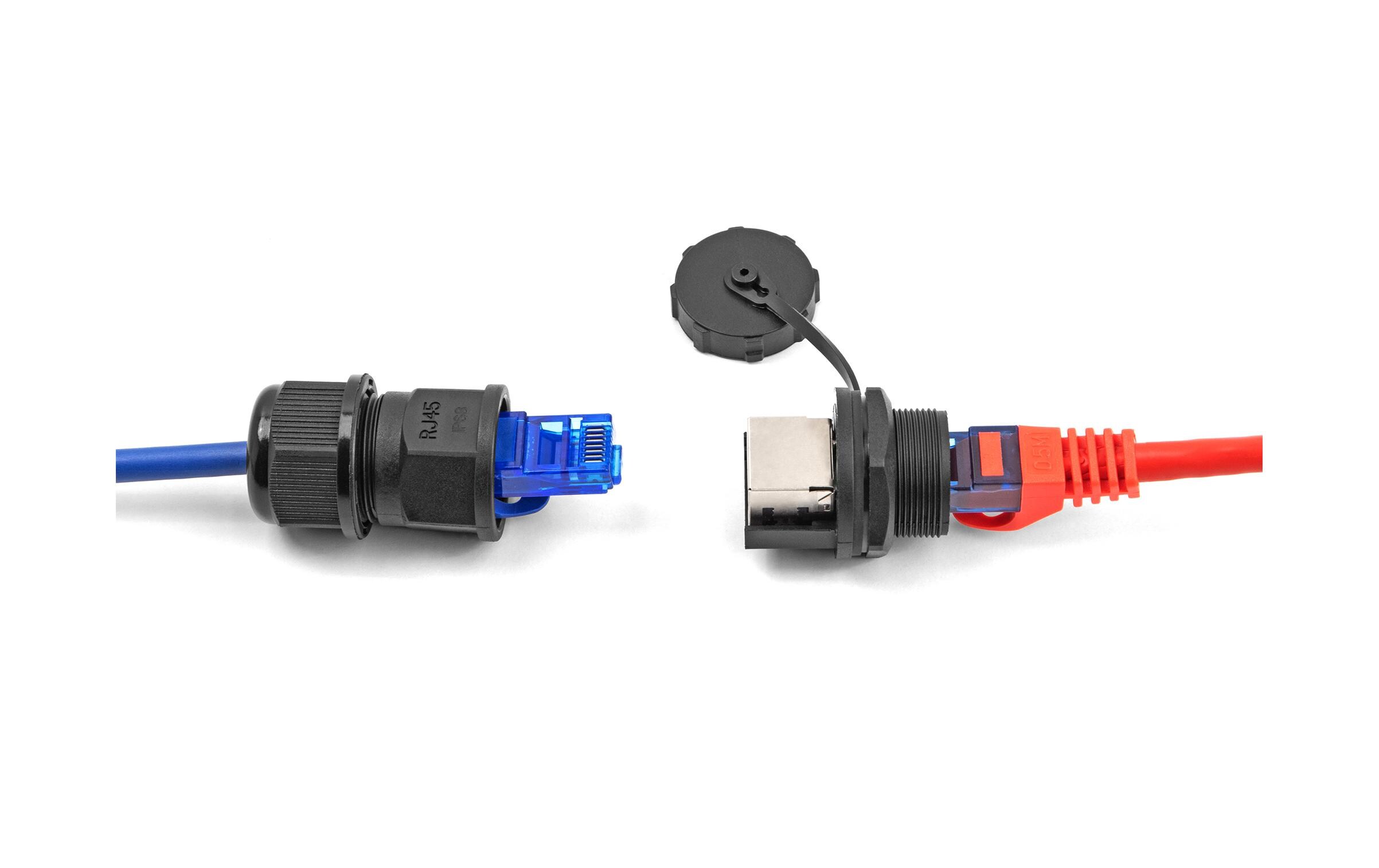 Kupplung RJ45 Cat.6A mit Verschlusskappe, zum Einbau 1 StückDelock RJ45 Cat.6A Kupplung mit Verschlusskappe zum Einbau IP67 staub- und wasserdicht
