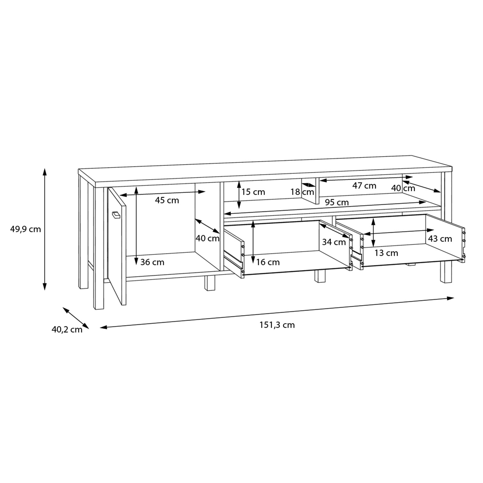 TV-Unterschrank - Riviera Eiche - schwarz - 151 cm breit