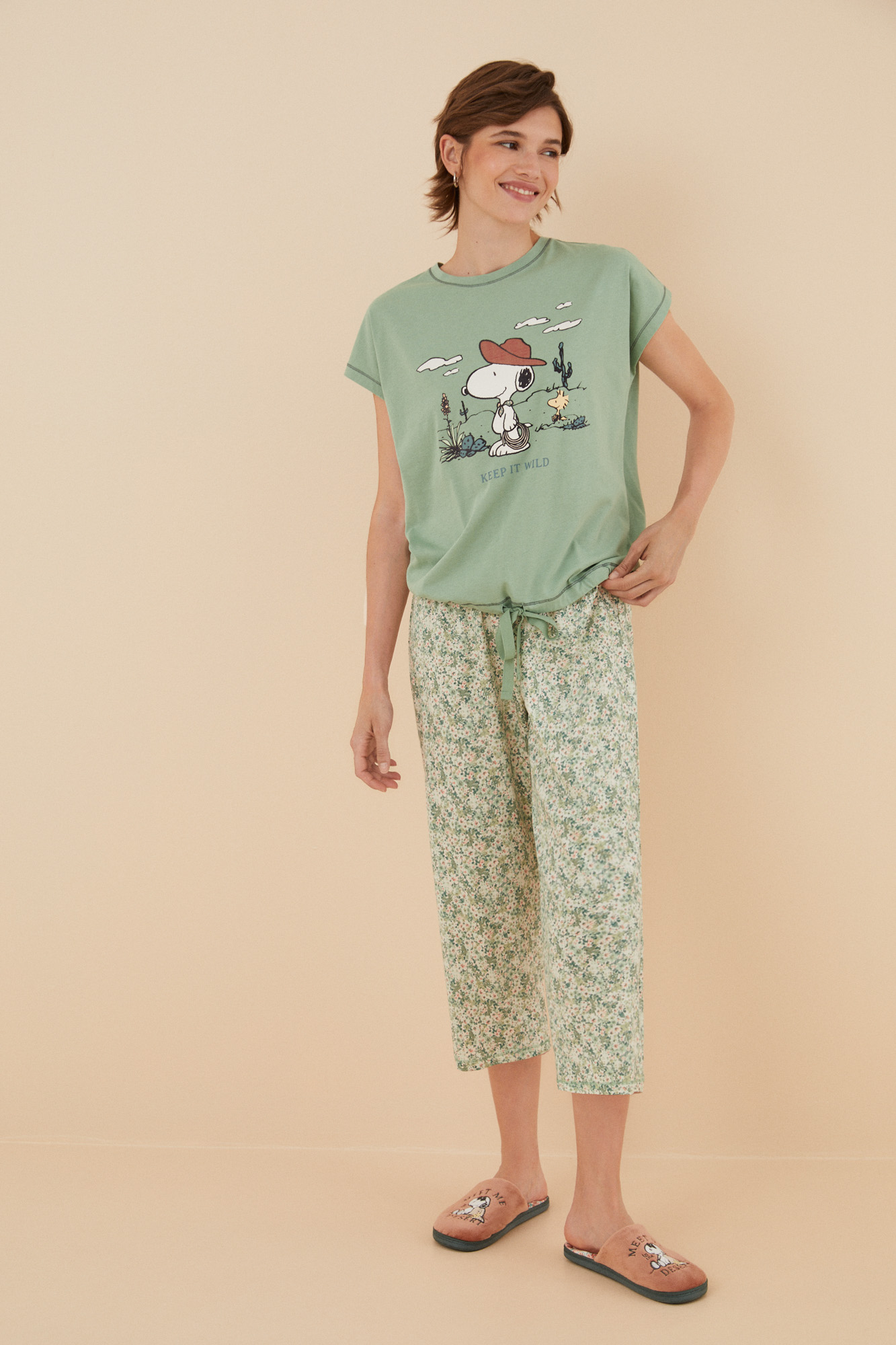 Pijama Capri, 100% algodão, verde Snoopy