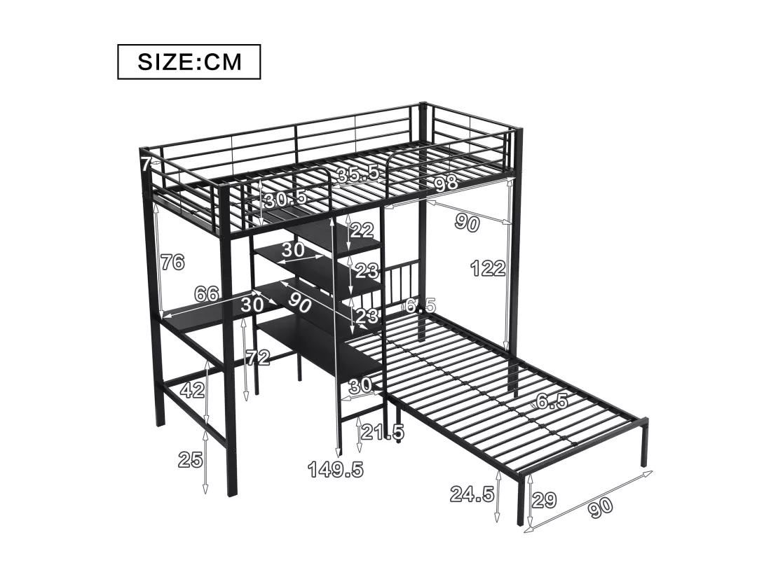 Lit mezzanine 2 x 90 x 200 cm - bureau et étagères de rangement - métal et bois MDF - noir