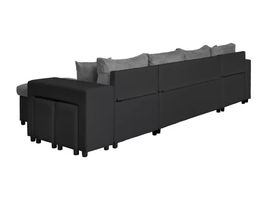 Canapé panoramique Oslo convertible avec coffres, poufs à droite - Simili/Microfibre - Noir/Gris - L311 x P146 x H81cm - Loungitude