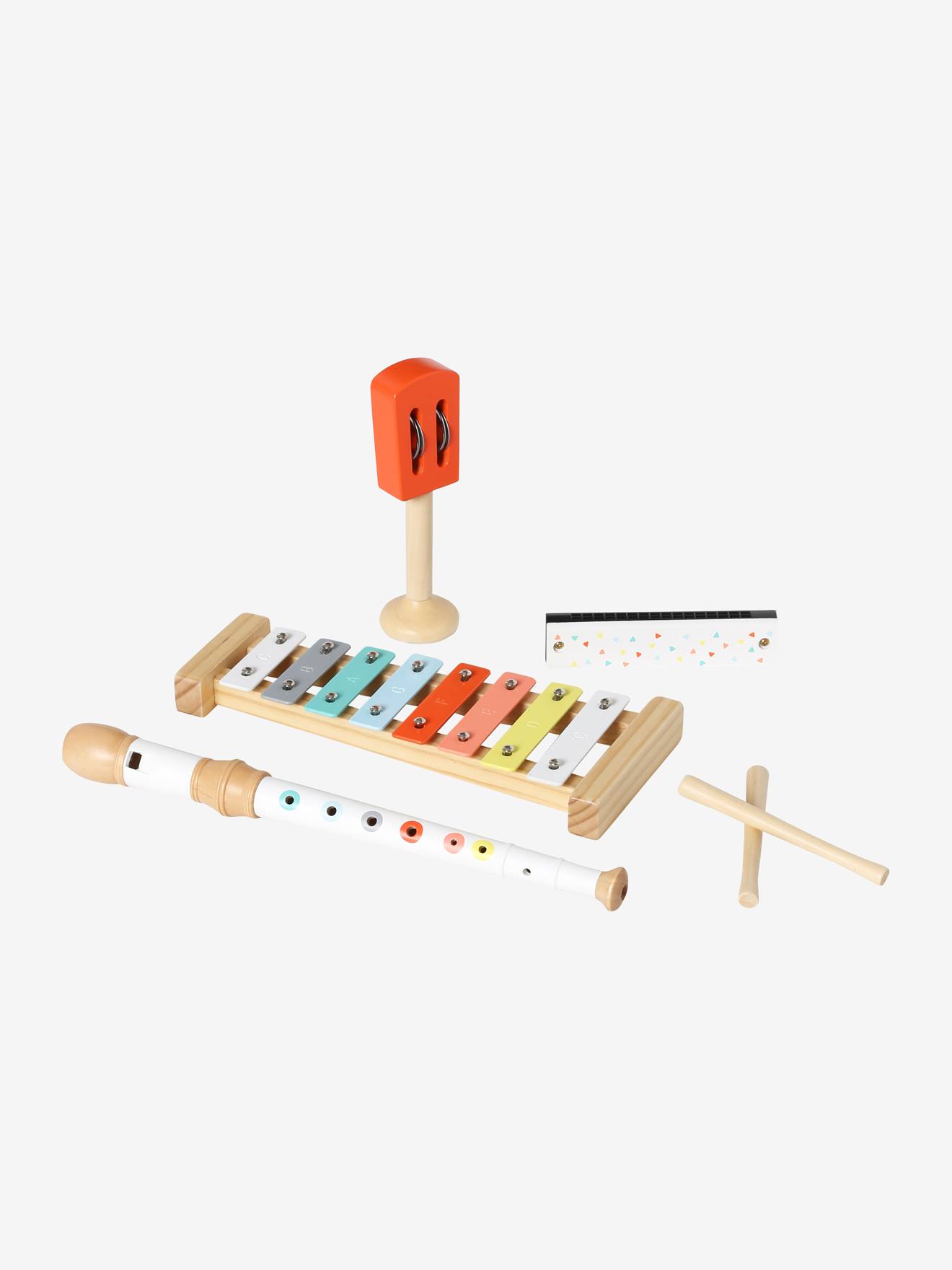 Conjunto de 4 instrumentos musicais de madeira com certificação FSC®, vermelhos.