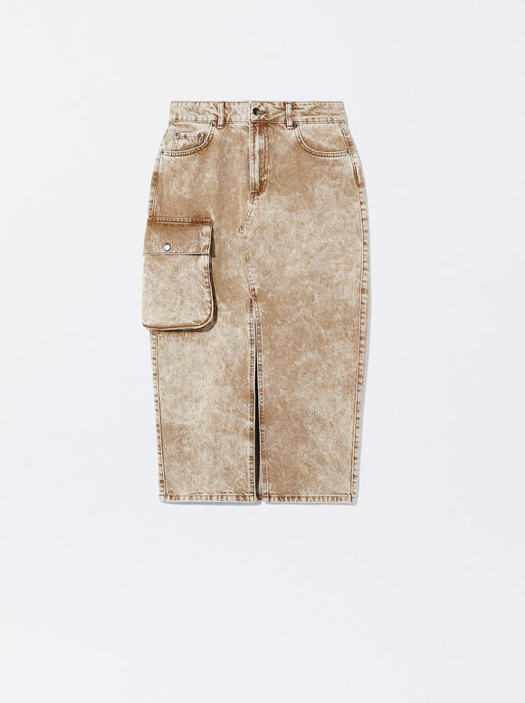 Saia cargo em jeans lavado - Camel