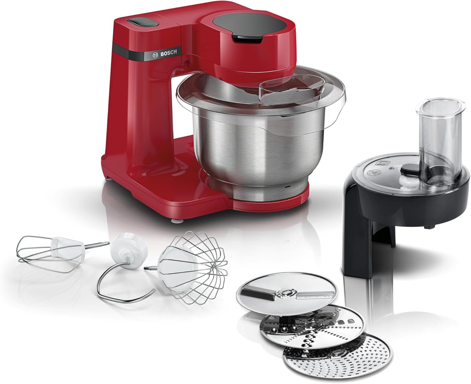 Bosch Küchenmaschine Serie 2, kleine Küchenmaschine, Edelstahl-Schüssel 3,8 L, Knethaken, Schlag-, Rührbesen Edelstahl, Durchlaufschnitzler, 3 Scheiben, 700 W, rot, MUMS2ER01