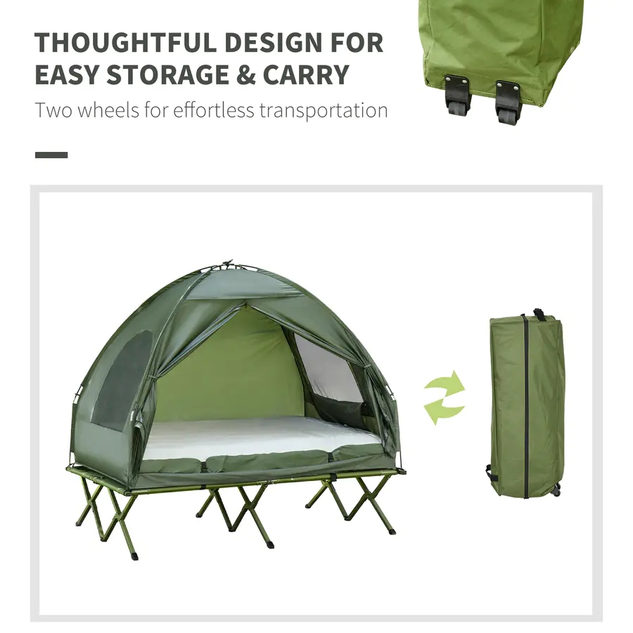 Coleman 2 Person Foldable Camping Cot, Portable Outdoor with Sleeping Bag & Thick Air Mattress, All in One Elevated Camping Bed Tent for 2