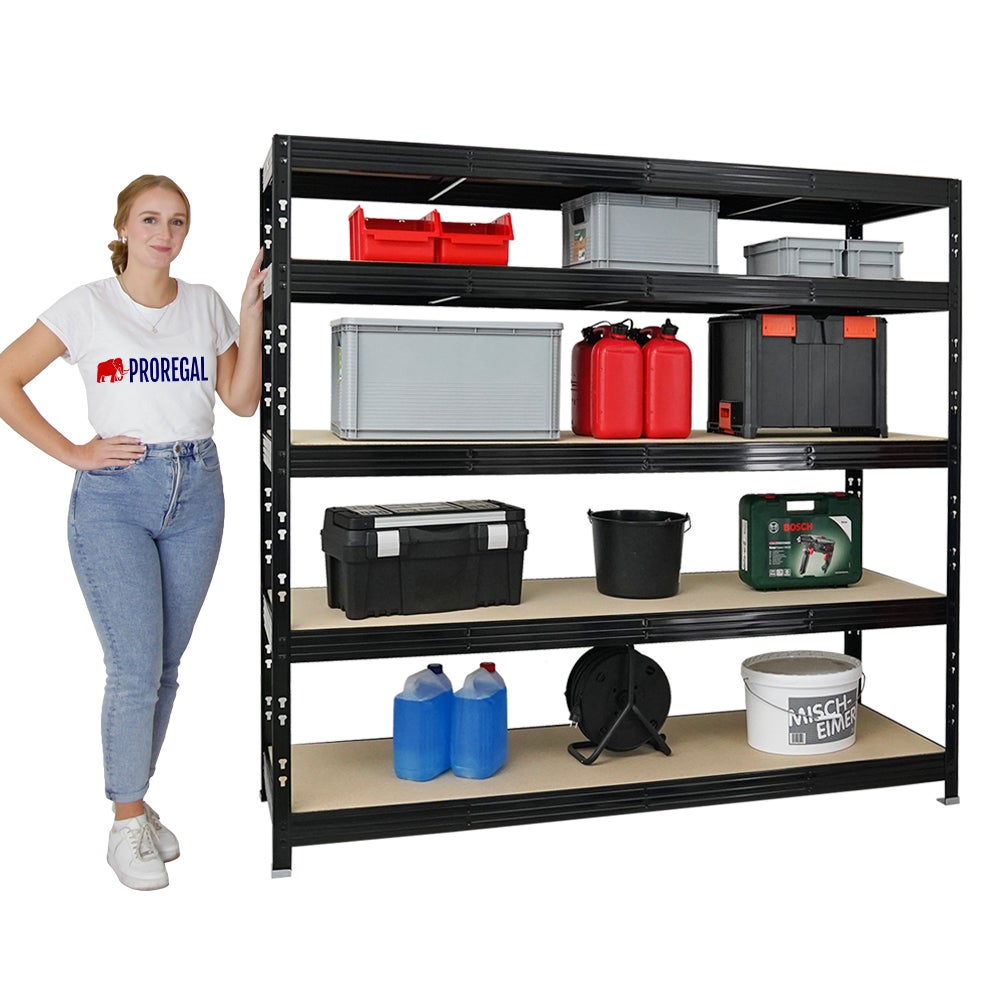 PROREGAL Professionele Heavy-Duty Stellingkast Rhino HxBxD 180 x 200 x 60 cm 5 Spaanplaat Planken 8mm Plank Draagvermogen 500 kg Zwart