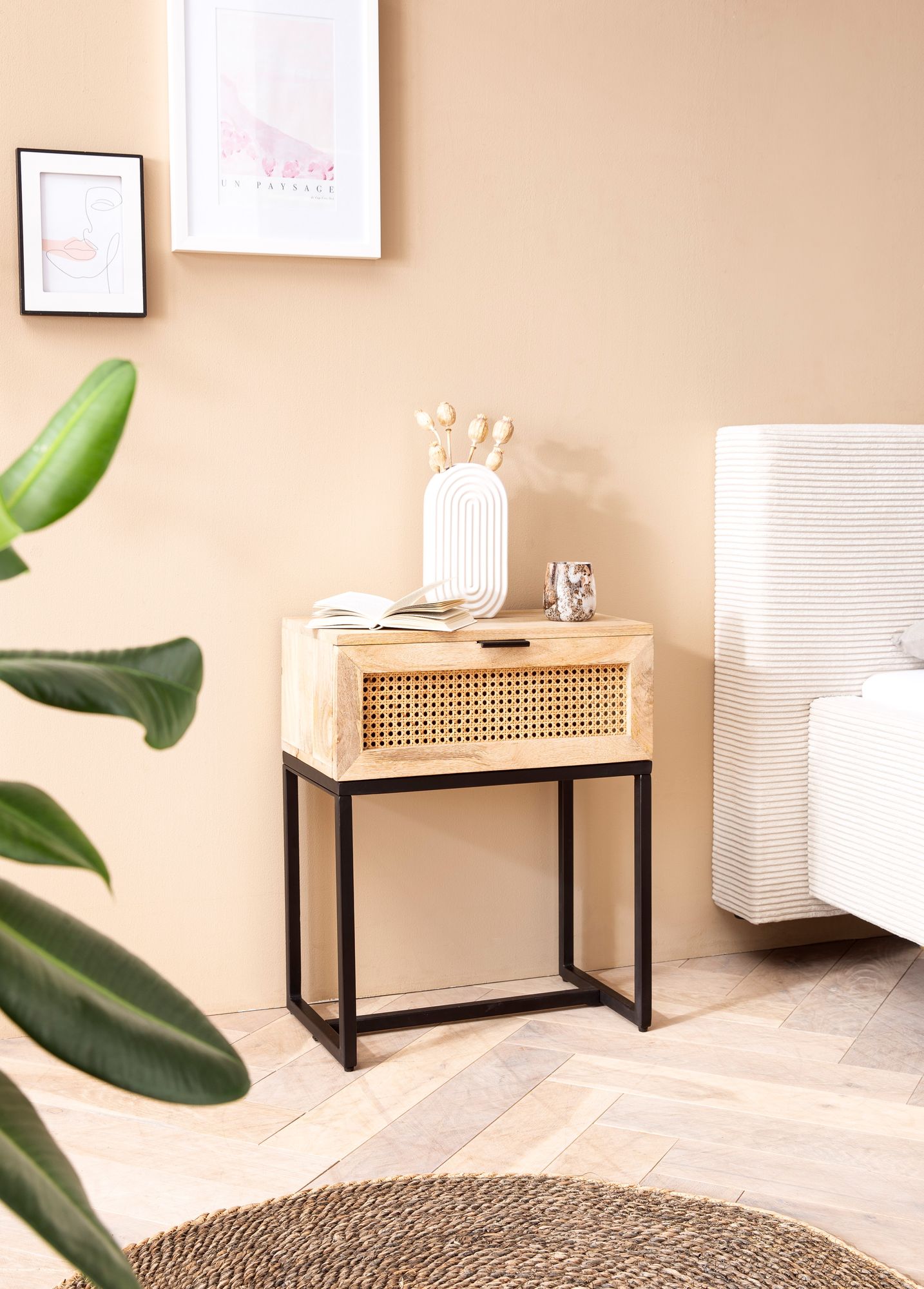 Nachttisch FineBuy Nachtkommode Boxspringbett Holz 50x60x30 cm Wiener Geflecht
