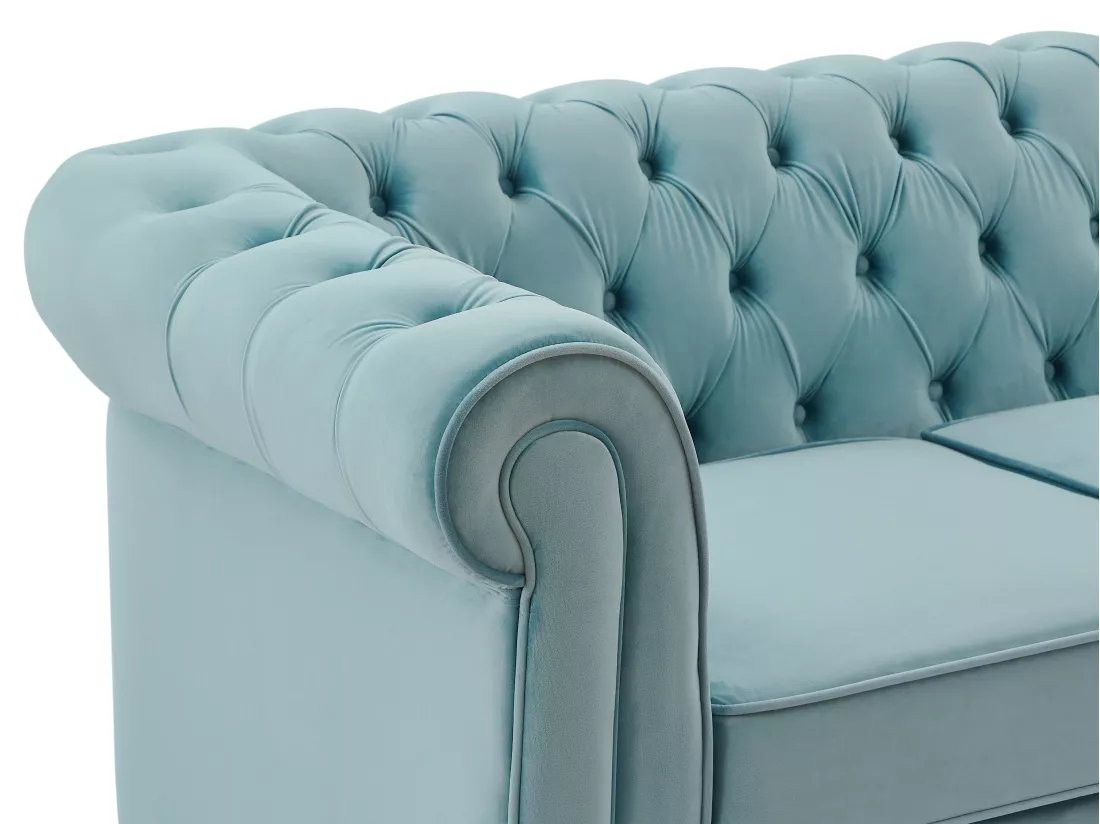 Canapé 3 places et fauteuil CHESTERFIELD - Velours bleu pastel
