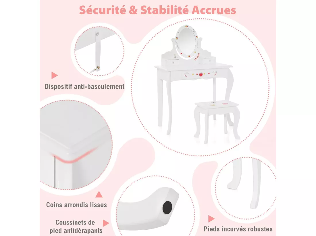 2 en 1 Coiffeuse Enfants avec Miroir Rotatif à 360° et Double Face, Table de Maquillage avec Tabouret & Tiroir, 4 Marqueurs, Dispositif Anti-basculement, Charge 30/50kg pour 3 Ans+