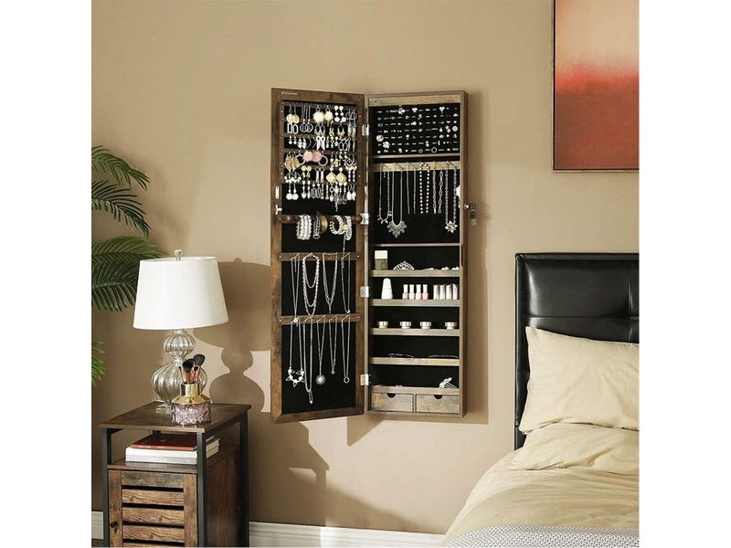 Songmics Schmuckhalter mit Spiegel 37 x 10 x 120 cm, Braun Schmuckschrank