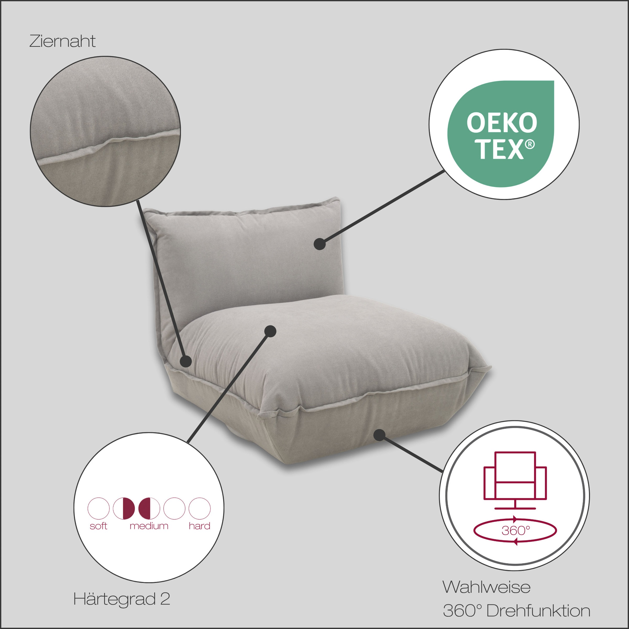 DOMO collection Sessel »Nantes Loungesessel, Wohlfühlsessel« hochwertig gepolstert mit Federkern, Struktur weich, dunkelgrau