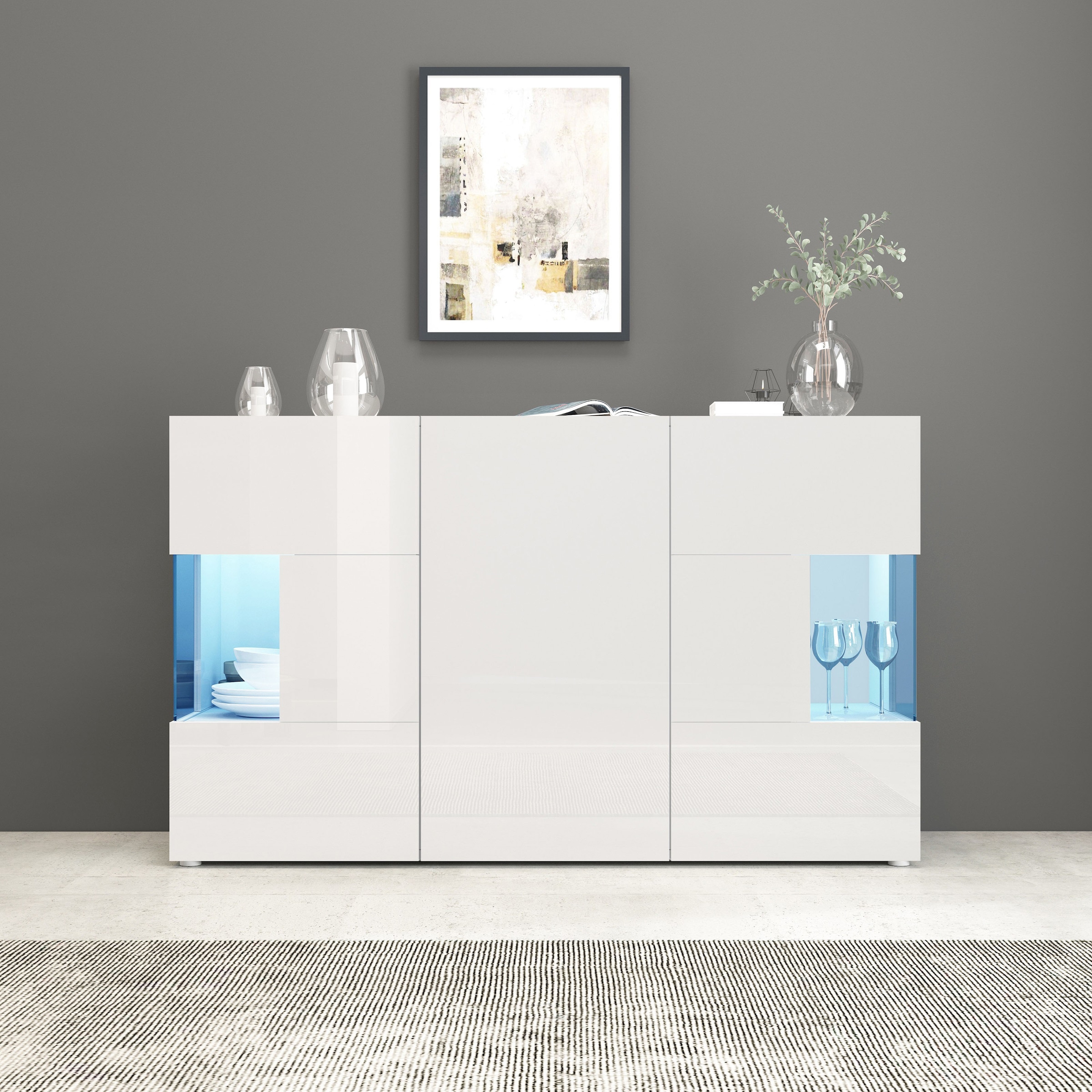 INOSIGN Sideboard »Egypt, Kommode, Schrank, Kredenz, Vitrine grifflos« 3 Türen davon 2 mit Glaseinsatz, kompl. Hochglanz lackiert Breite 135