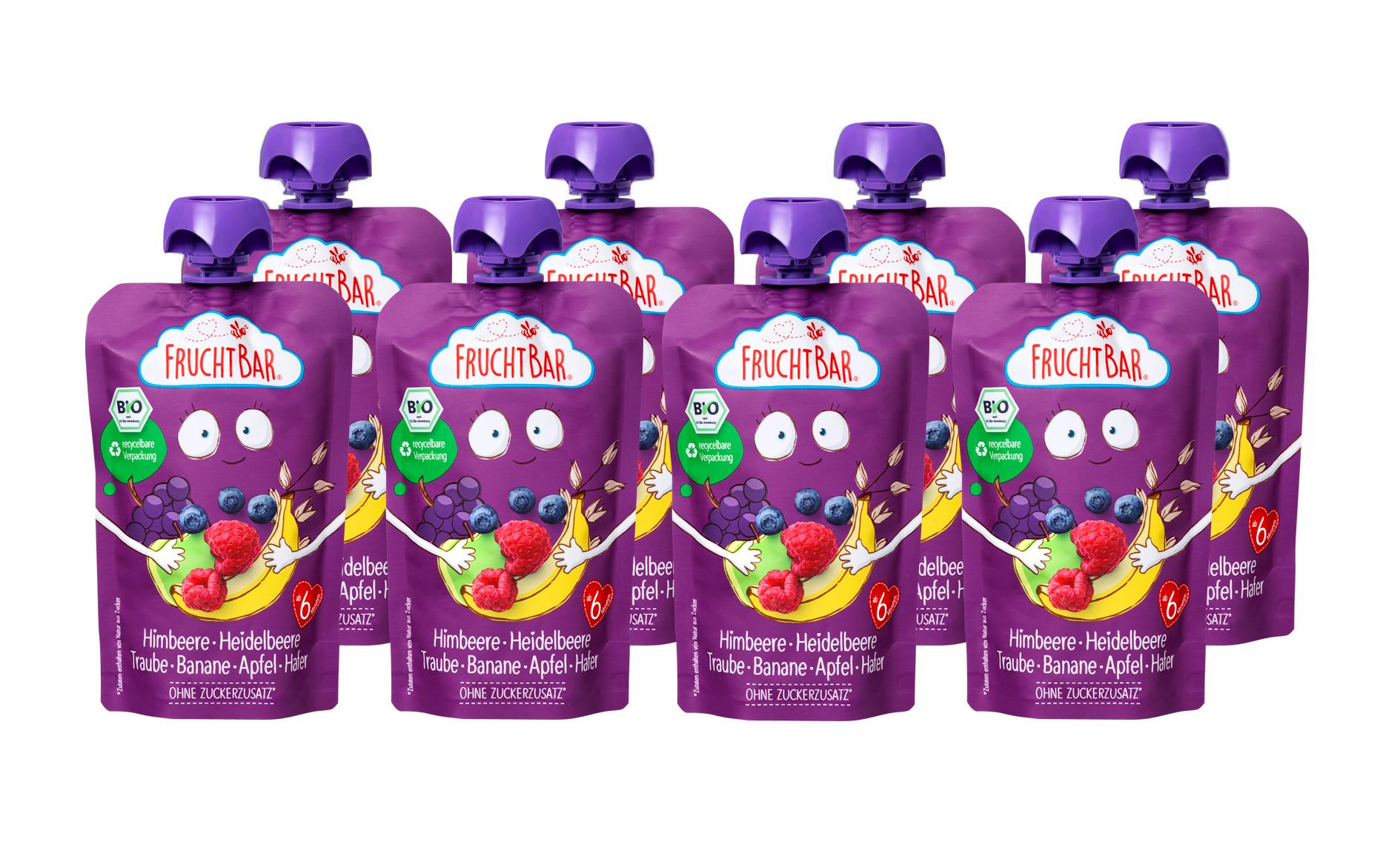 Quetschbeutel Obst und Hafer 8x 100 gBio Quetschie Himbeere, Heidelbeere, Traube, Banane, Apfel, und Hafer