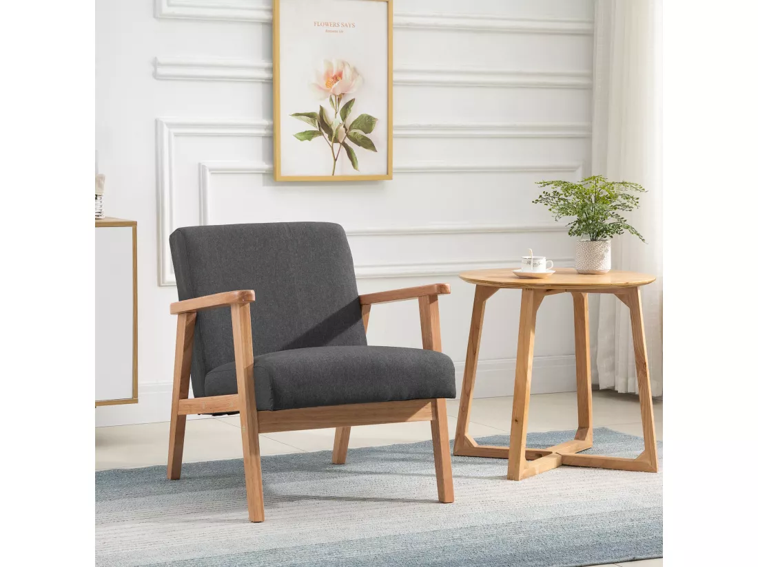 Fauteuil lounge style néo-rétro assise dossier ergonomique accoudoirs structure bois hévéa revêtement lin gris foncé