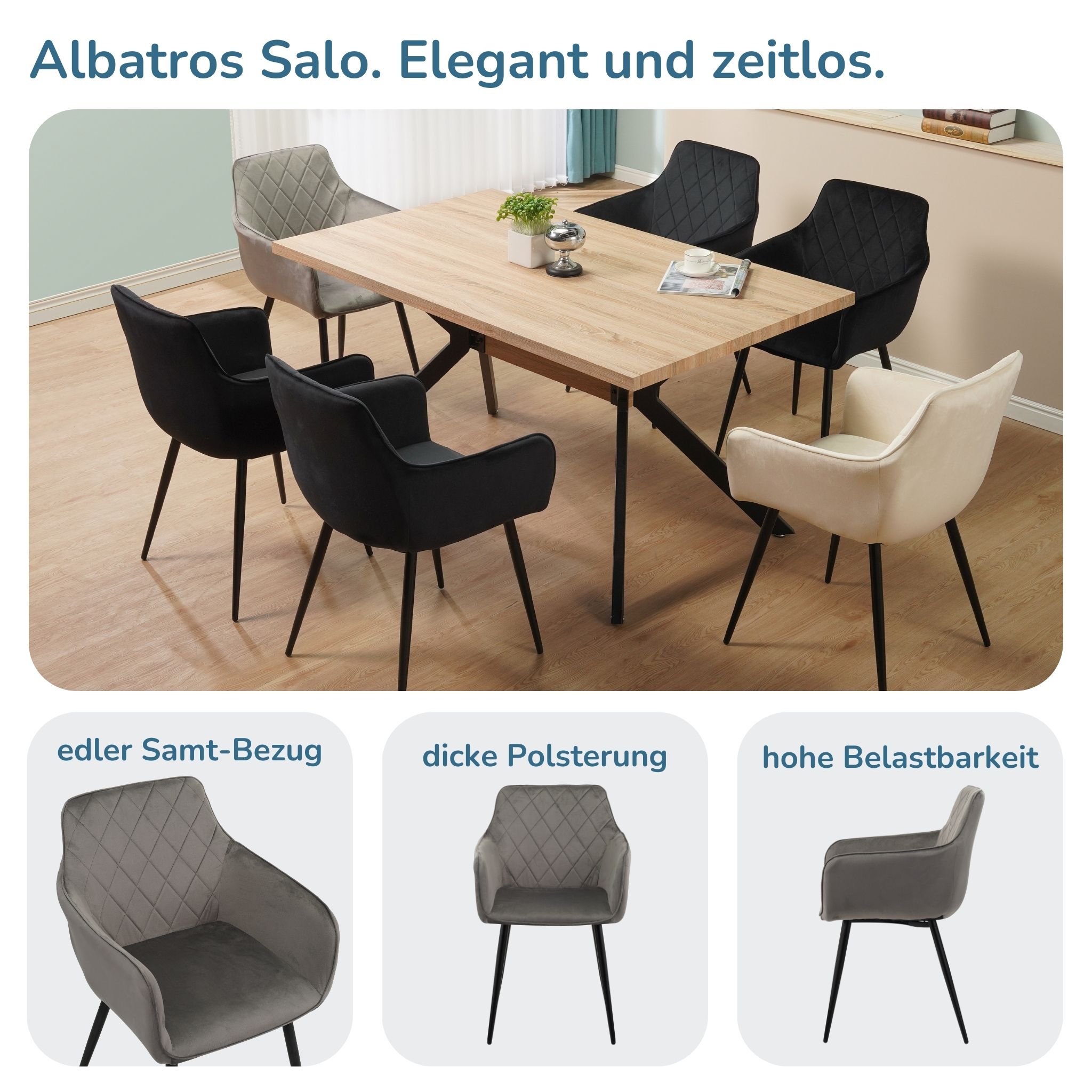 ALBATROS Esszimmerstühle 2er Set SALO, Grau - Modern und Stilvoll, bequemer Polsterstuhl - Eleganter Küchenstuhl, Stuhl Esszimmer oder Esstisch Stuhl im Retro-Look