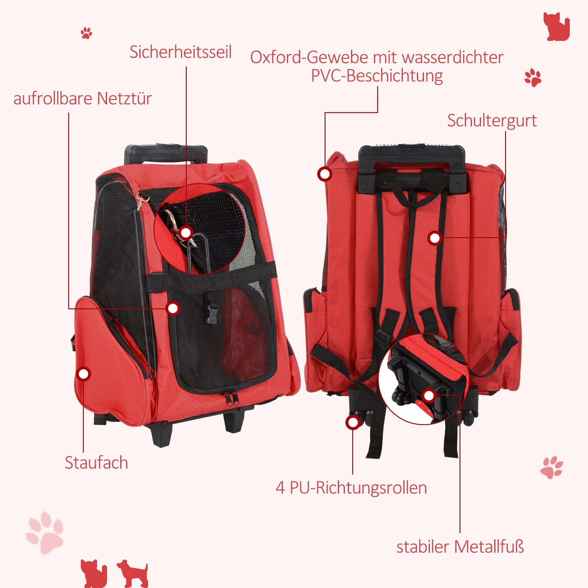 PawHut 2 in 1 Hundetasche als Trolley oder Rucksack verwendbar rot-schwarz 35 x 27 x 49 cm (LxBxH)