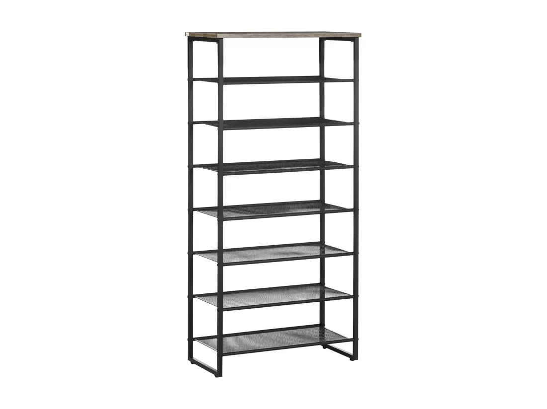 Etagère à chaussures 7 niveaux - rack à chaussures 7 étagères et plateau - acier noir aspect bois gris