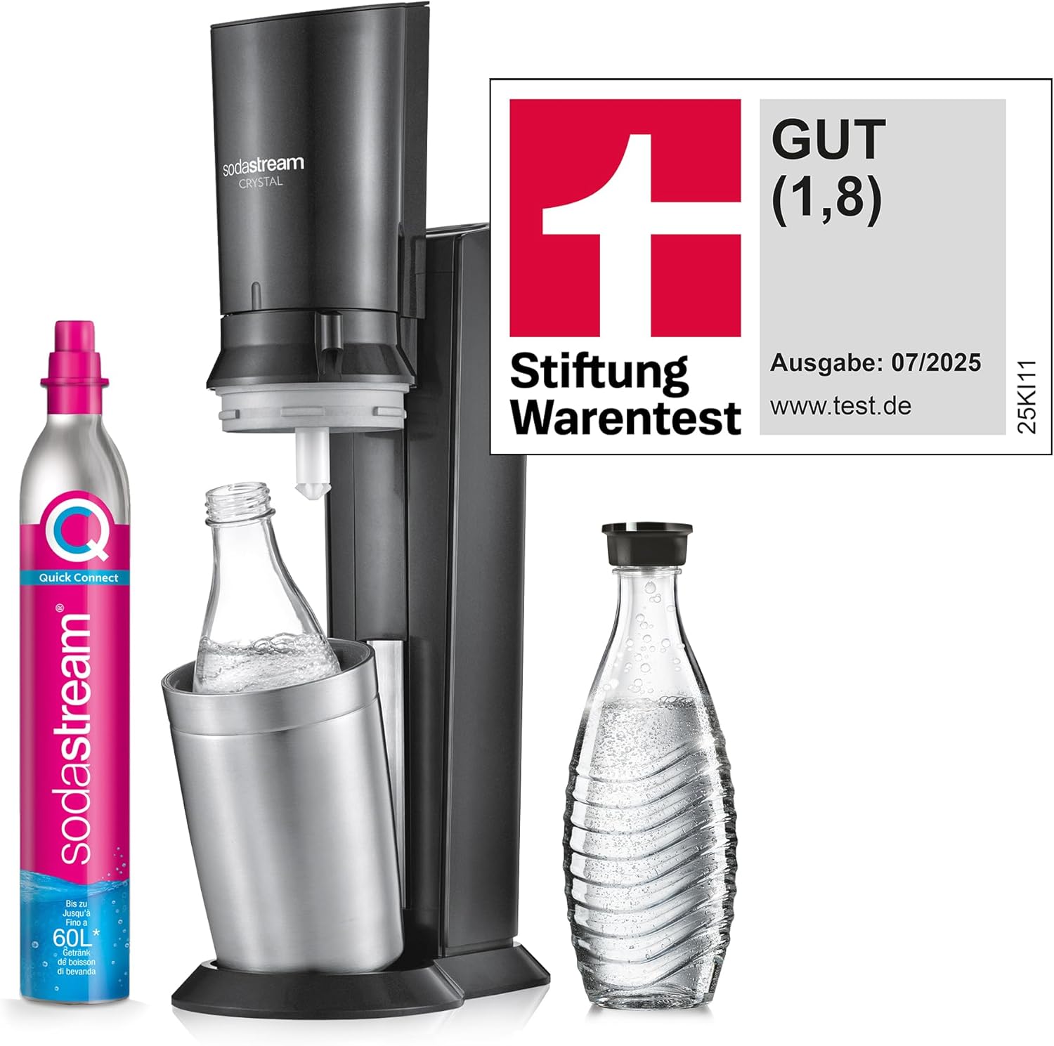 SodaStream Crystal 3.0 Wassersprudler mit 1x Quick-Connect CO2-Zylinder und 2X Glaskaraffen, Silber, Schwarz, Titan, 45 cm