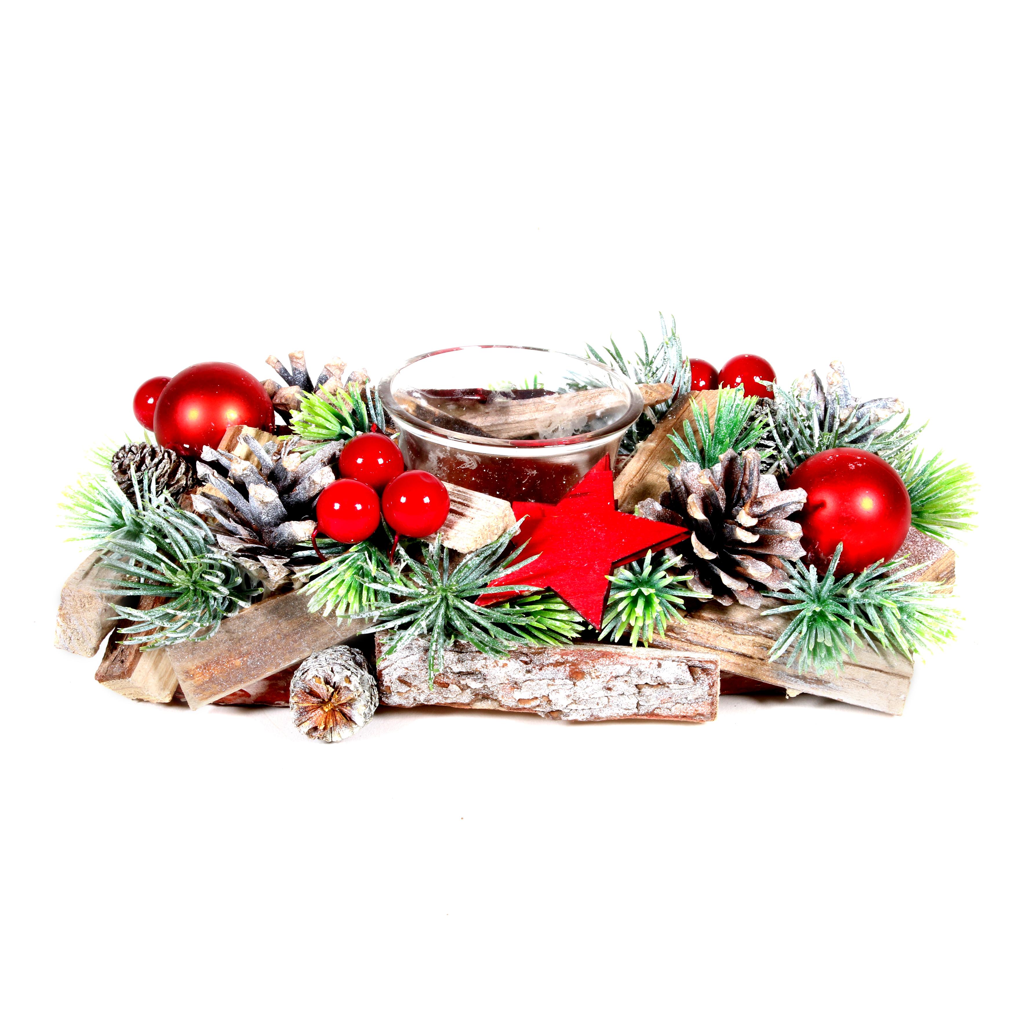 COURONNE PHOTOPHORE VERT ROUGE ET BOIS 20X12CM