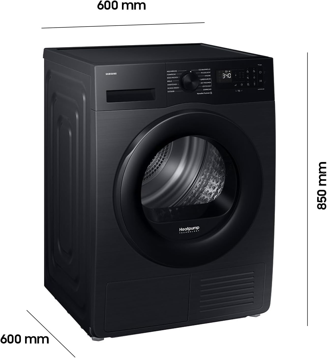 Samsung DV90DG52A0ABEG Wärmepumpentrockner, 9 kg, EEK: C, AI Wäschetrockner mit WiFi-SmartThings-App, LED-Display, Hygiene-Programm, Air Refresh, Knitterschutz, Schwarz