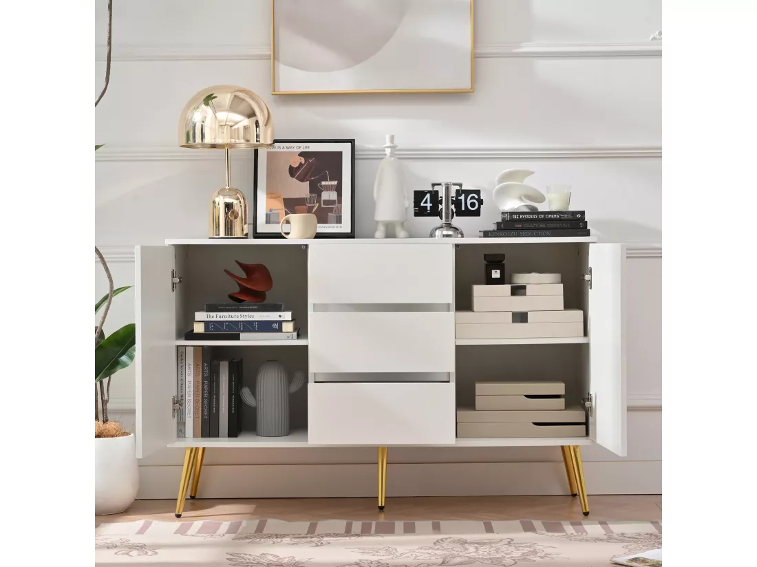 Buffet bas avec 3 tiroirs et 2 portes - 120 x 40 x 78 cm - Etagères réglables - Panneaux de particules - pour salon - Blanc
