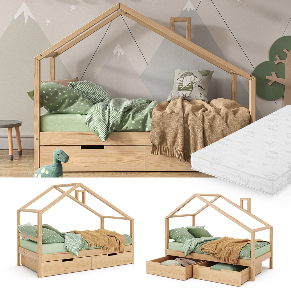 VitaliSpa Kinderbett Lori 160x80cm Natur Hausbett inkl. Matratze & Schublade