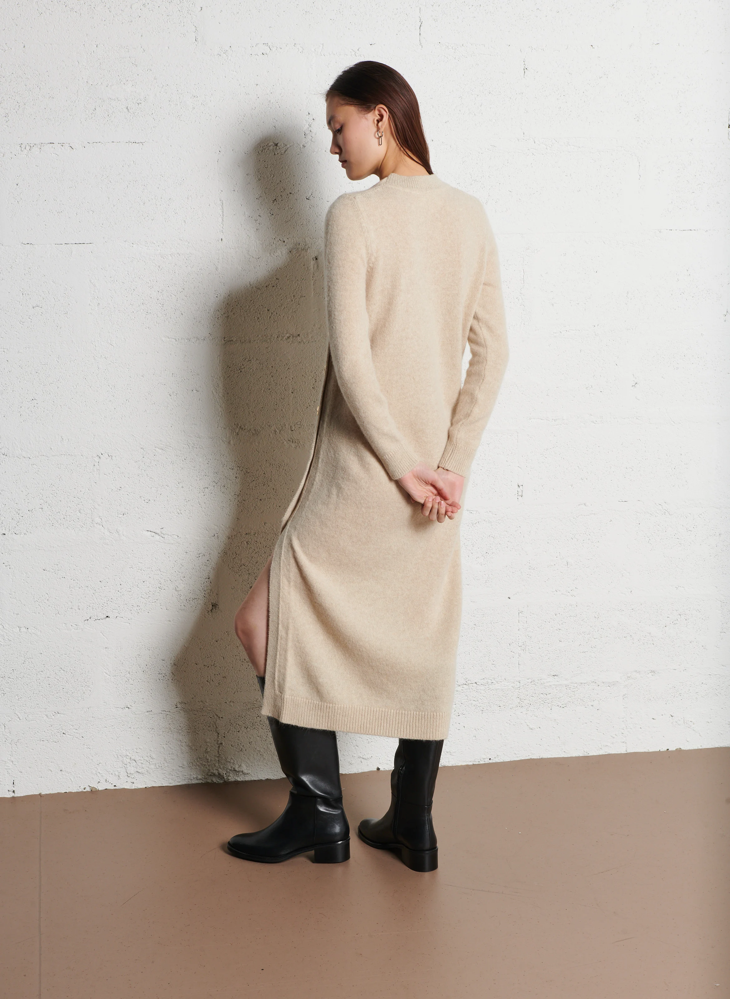 DOREE - Robe longue boutonnée en laine et alpaga | Beige