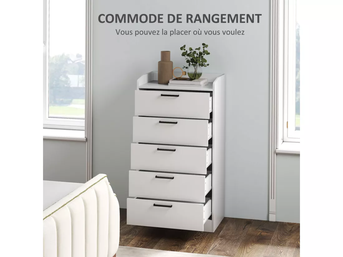 Commode 5 tiroirs et plateau - meuble de rangement bureau - poignées métal noir MDF blanc