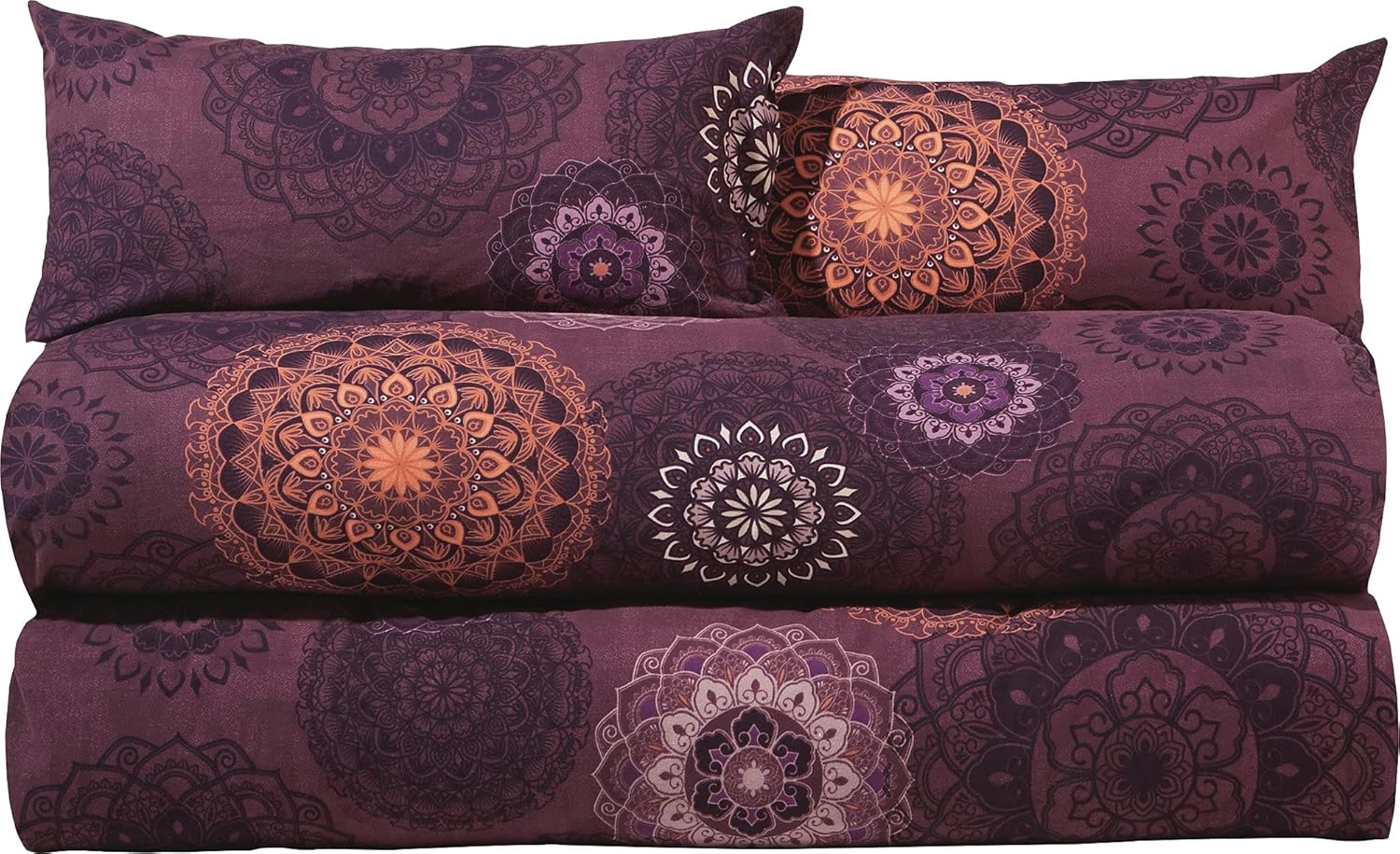 Erwin Müller Bettwäsche Sparpaket 4-TLG. Mako-Satin Mandala aubergine Größe 40x80 cm / 135x200 cm - feinfädig, temperaturausgleichend, atmungsaktiv, 100% Baumwolle, mit Reißverschluss