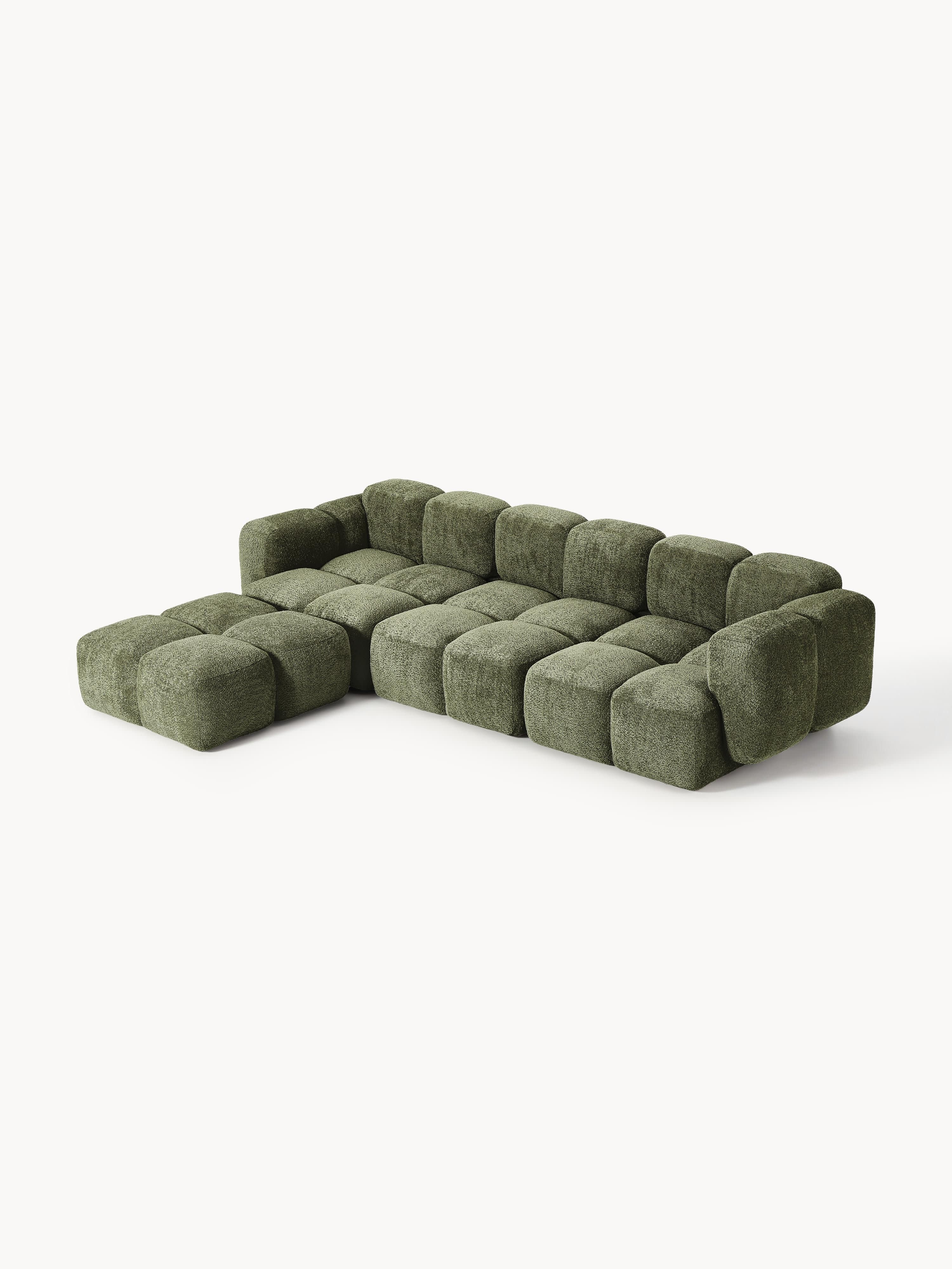 Modulaire bank Tayla (4-zits) van teddy bouclé met poef (links/rechts)