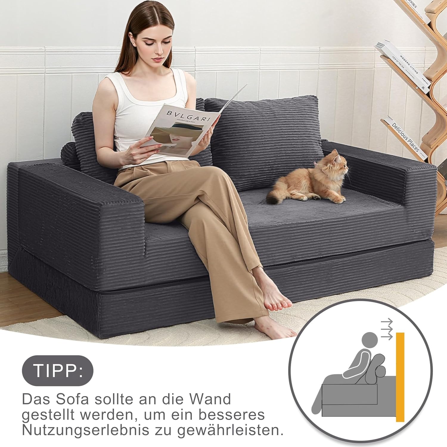 MeMoreCool Boneless Couch, Cord Faltbares Bodensofa mit Kissen, Ausziehbares Futon Schlafsofa, Bequemes Lounge-Sofa/Matratze/Gästebett für Wohnzimmer und Schlafzimmer, Grau