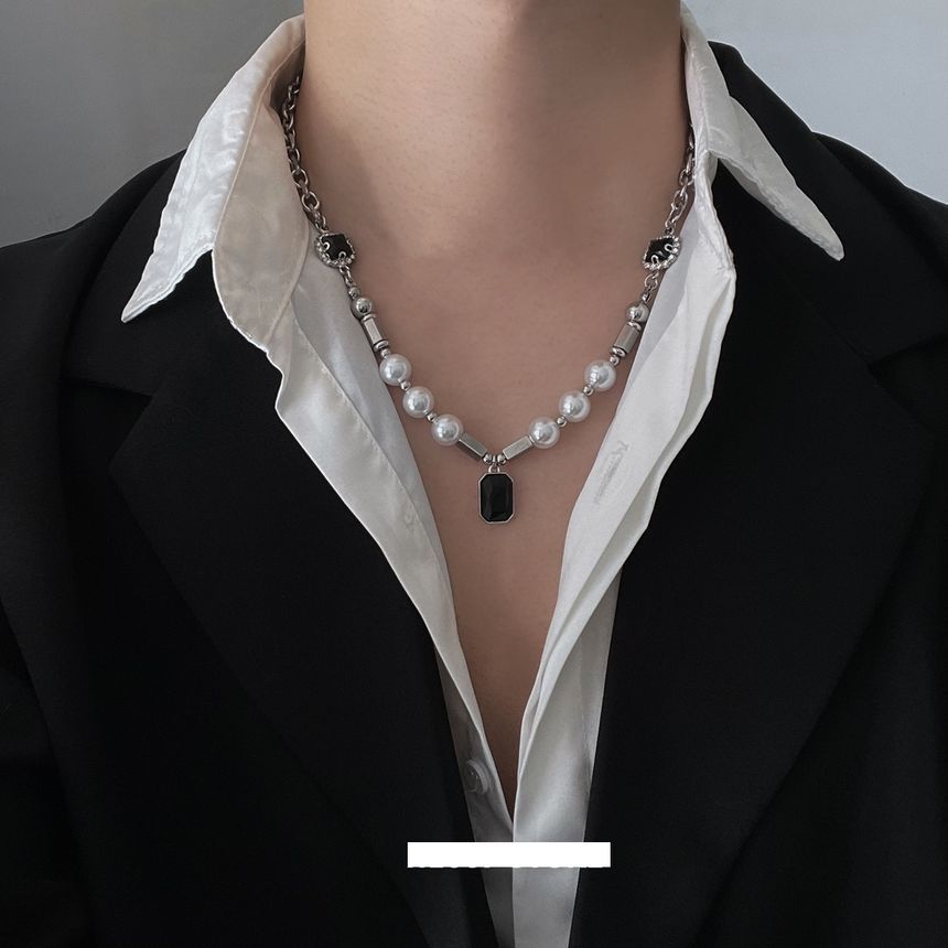 Lilafey - Ketting van roestvrij staal met imitatie-edelsteen en imitatie-parel