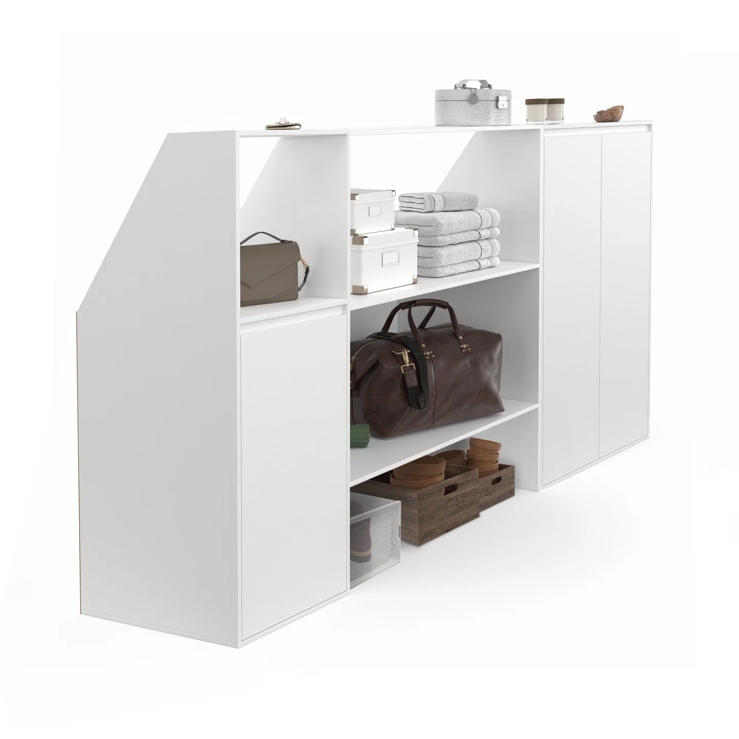 Ensemble étagère 2 niveaux, armoire 2 portes et armoire 1 porte + 1 niche sous pente TOMI blanc