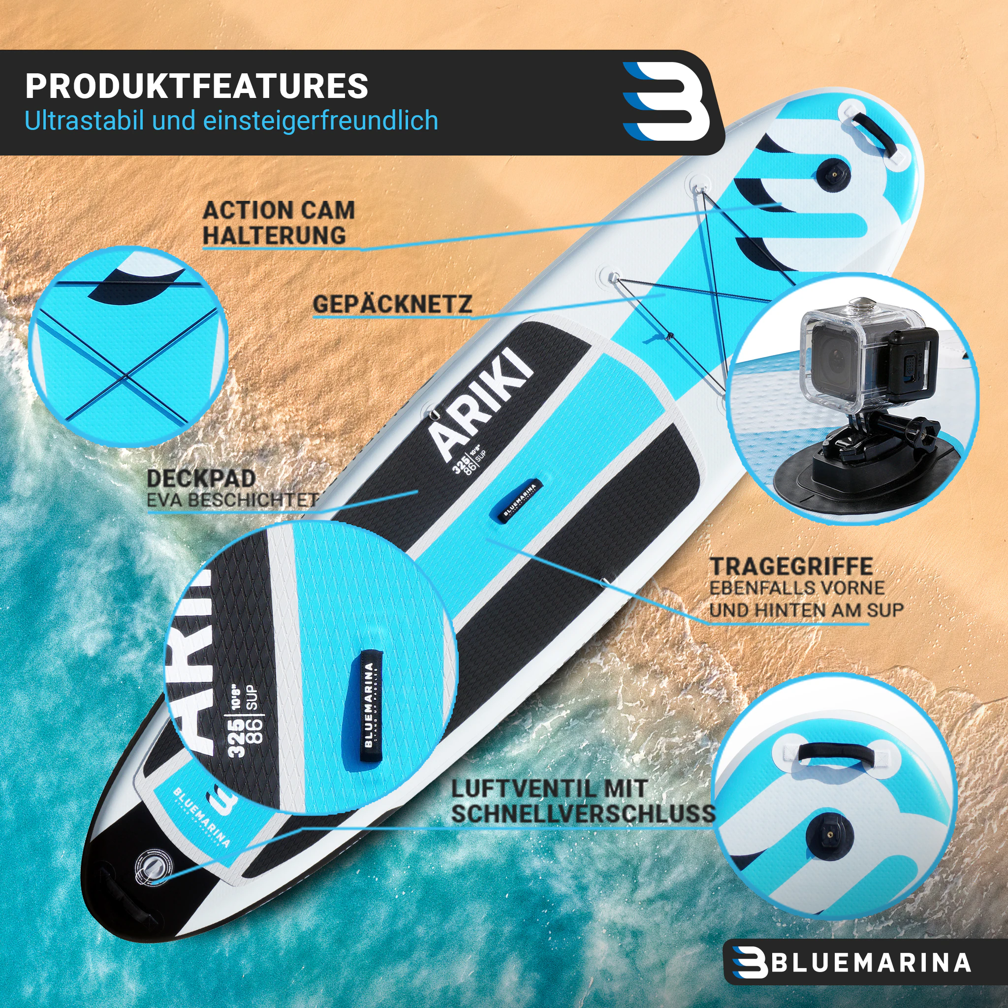 Bluemarina SUP Board Ariki, Stand Up Paddle aufblasbar mit Paddel, Pumpe, Rucksack, 5J Garantie (325x86x15cm / 10'8