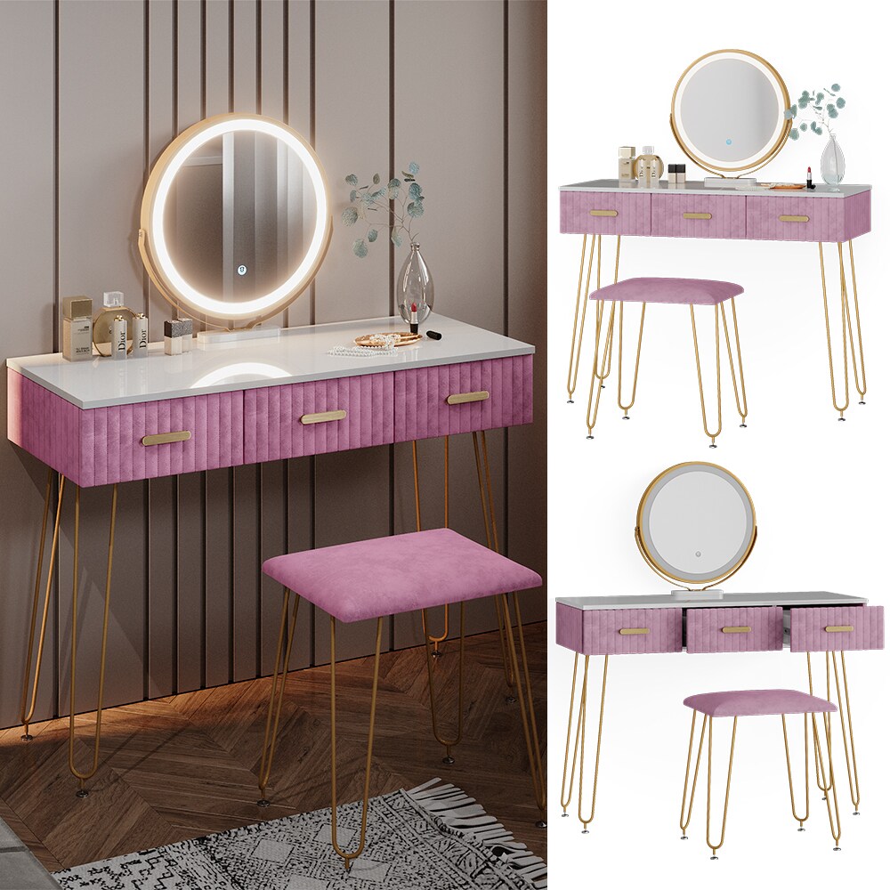 Vicco Schminktisch Frisiertisch Schminkkommode Layla Weiß Rosa LED-Spiegel Design-Hocker 100x79 cm modern Schlafzimmer Kommode Schublade Ablage Aufbewahrung Touch-Switch Kosmetiktisch Make-Up-Tisch