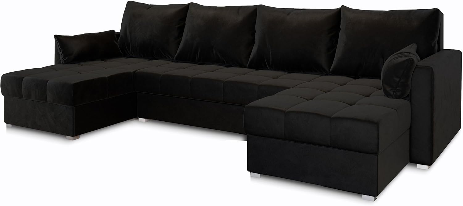 Masseno Ecksofa NAKO mit Schlaffunktion U-Form, Sofa mit Bettkasten, Wohnzimmersofa, Couch, Soffa, Bettsofa, Couchgarnitur- Schwarz, Kronos 07