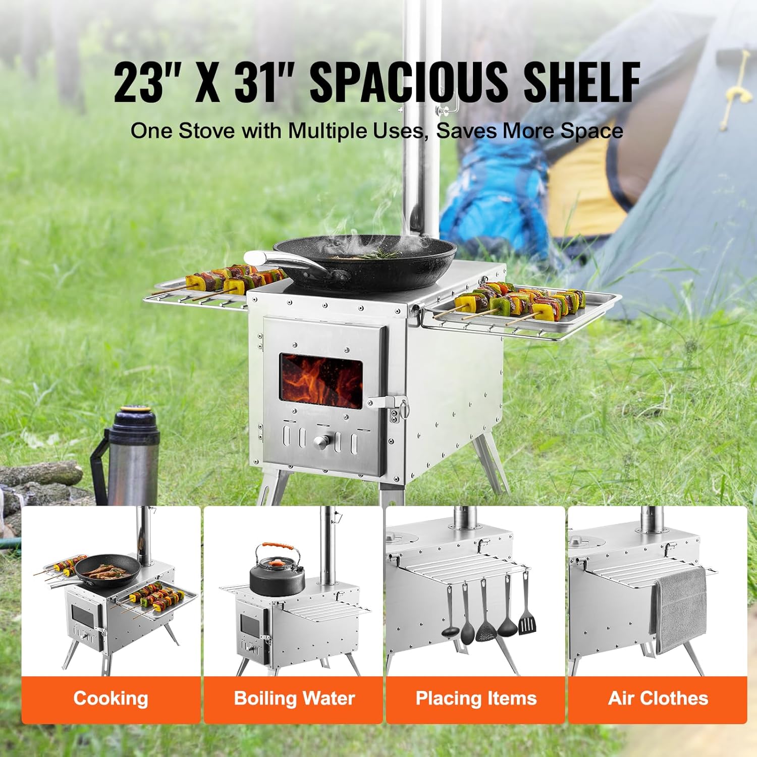 VEVOR Holzofen, 590 x 790 x 2620 m, Zeltofen aus Edelstahl, tragbarer Holzofen mit Kaminrohren und Handschuhen, 1646 Kubikzoll großer Feuerraum-Zeltofen zum Kochen und Heizen im Freien mit 8 Rohren