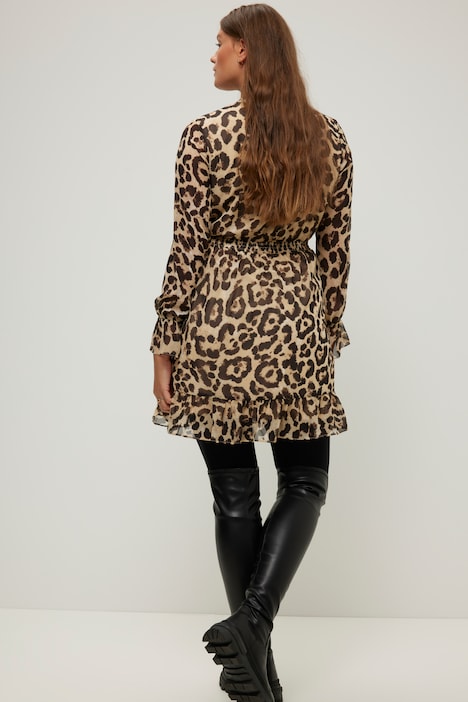 Leo-Kleid, A-Line, Leo-Chiffon, Ausschnitt mit Bindeband, Langarm