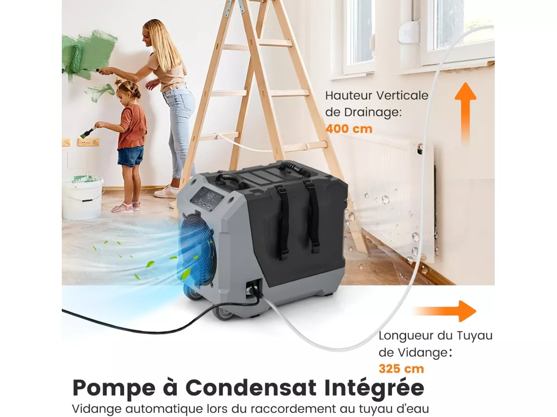 Déshumidificateur Commercial 85L/Jour, Déshumidificateur avec Pompe et Tuyau de Vidange Dégivrage Automatique 2 Roues et Poignée Rétractable, pour Vide Sanitaire Sous-sol (Noir)