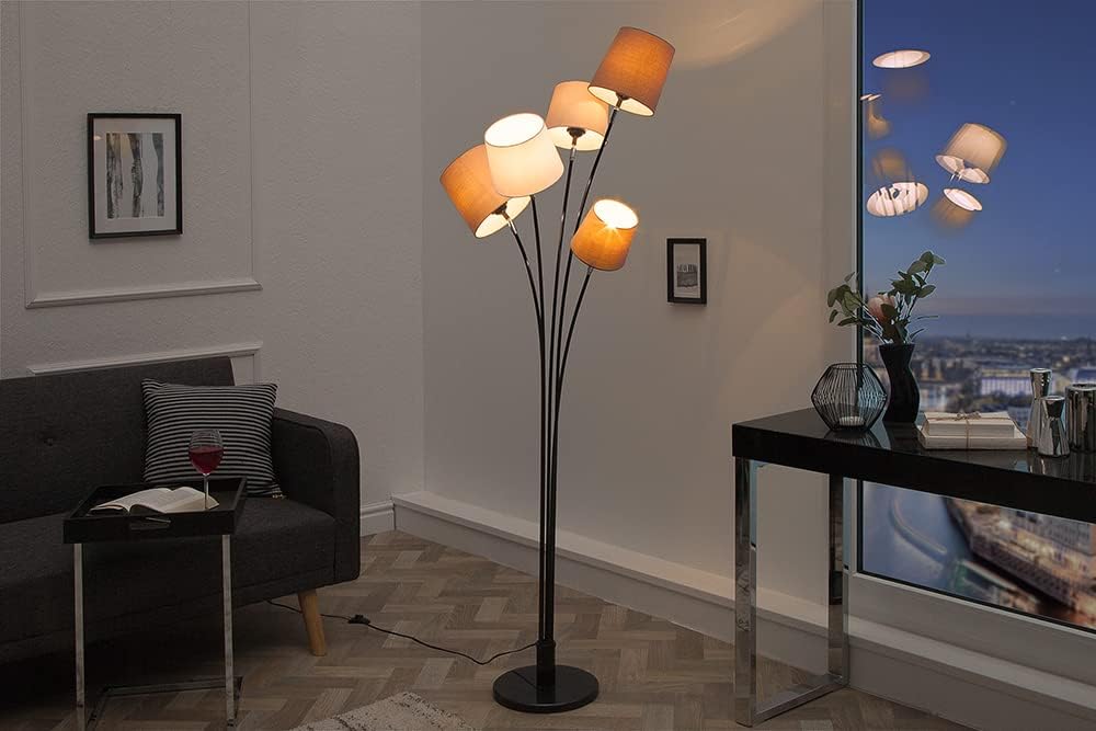 Design Stehleuchte LEVELS weiß beige braun mit 5 Leinen Schirmen Stehlampe Wohnzimmerleuchte Leselampe
